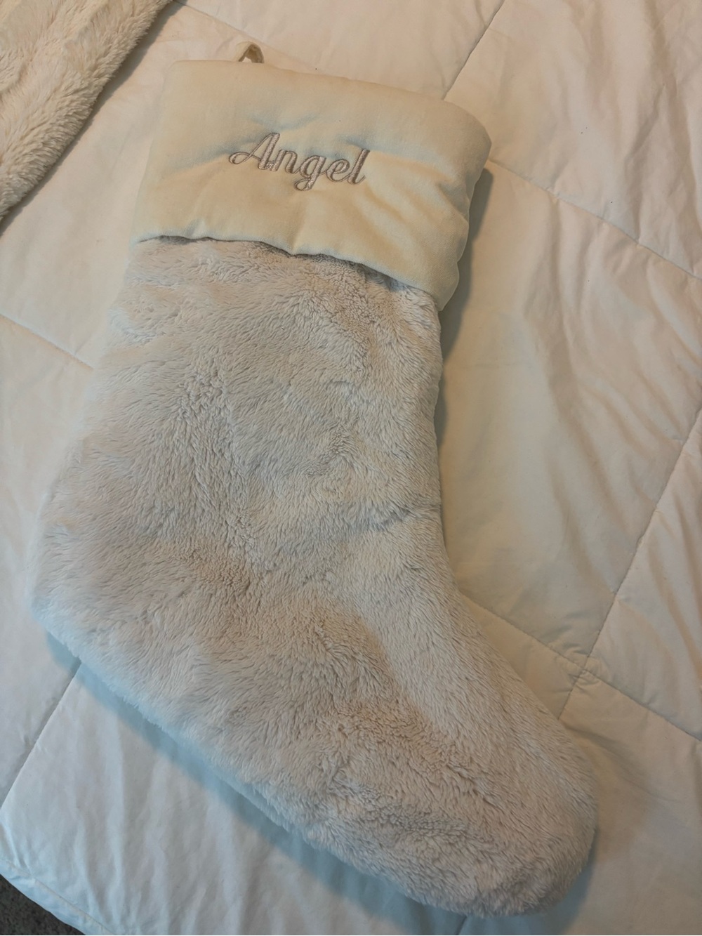 Pottery Barn Plush 'Angel' Faux Fur Holiday Stocking - Cream